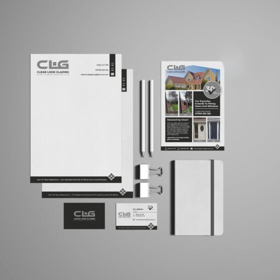 Clear Look Glazing branded stationery and marketing materials